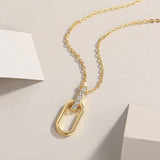 Oval link pendant and pavé moissanite bar necklace on chain, yellow gold vermeil