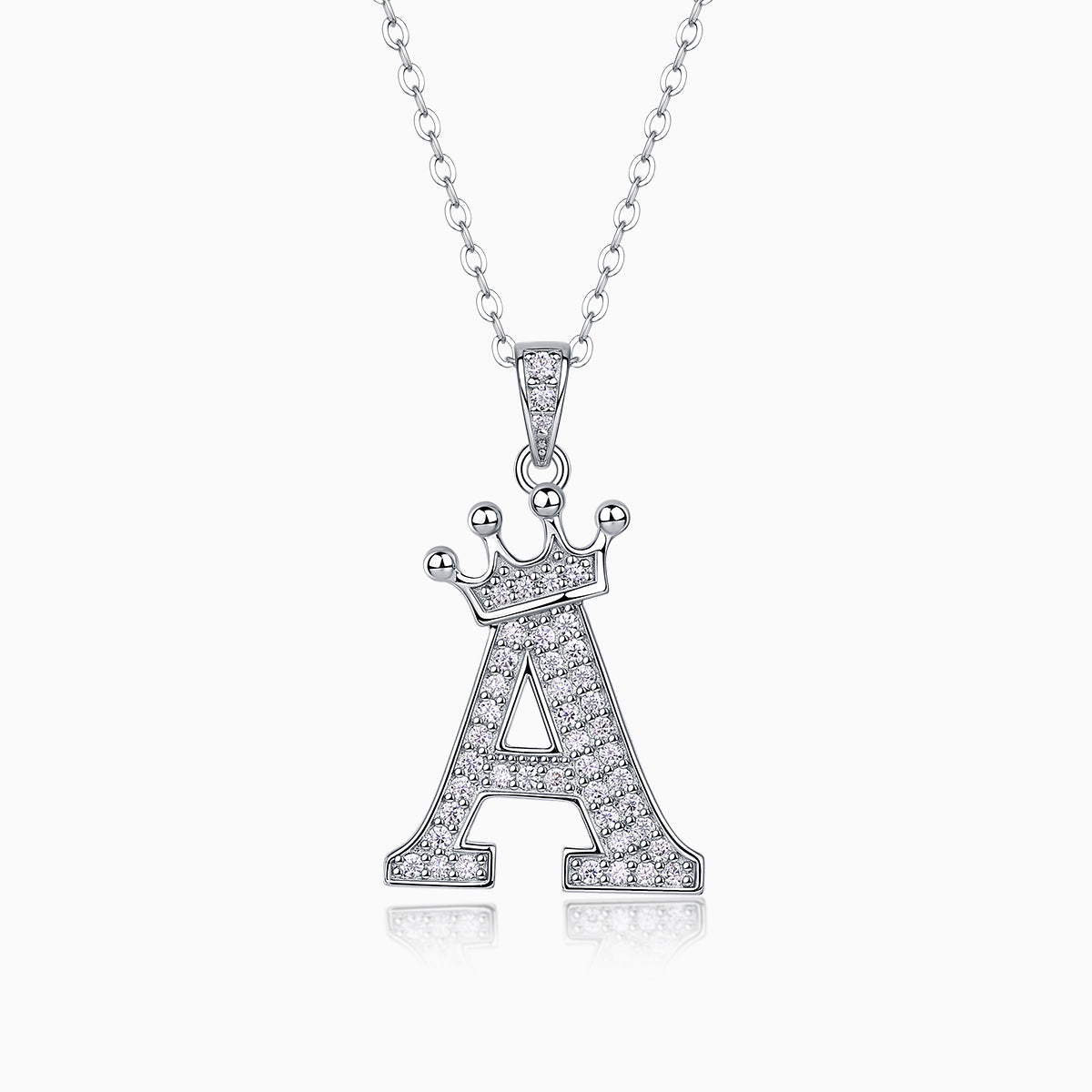 Initial pendant necklace with crown, letter A, moissanite stones, white gold vermeil