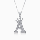 Initial pendant necklace with crown, letter A, moissanite stones, white gold vermeil
