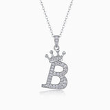 Initial pendant necklace with crown, letter B, moissanite stones, white gold vermeil