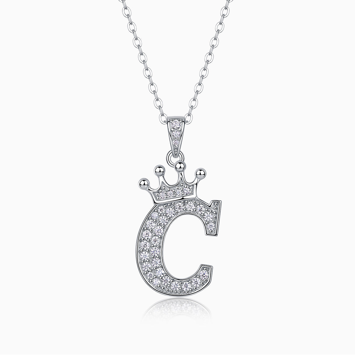 Initial pendant necklace with crown, letter C, moissanite stones, white gold vermeil