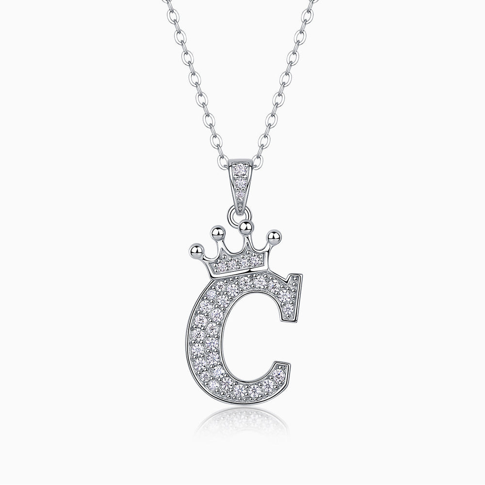 Initial pendant necklace with crown, letter C, moissanite stones, white gold vermeil