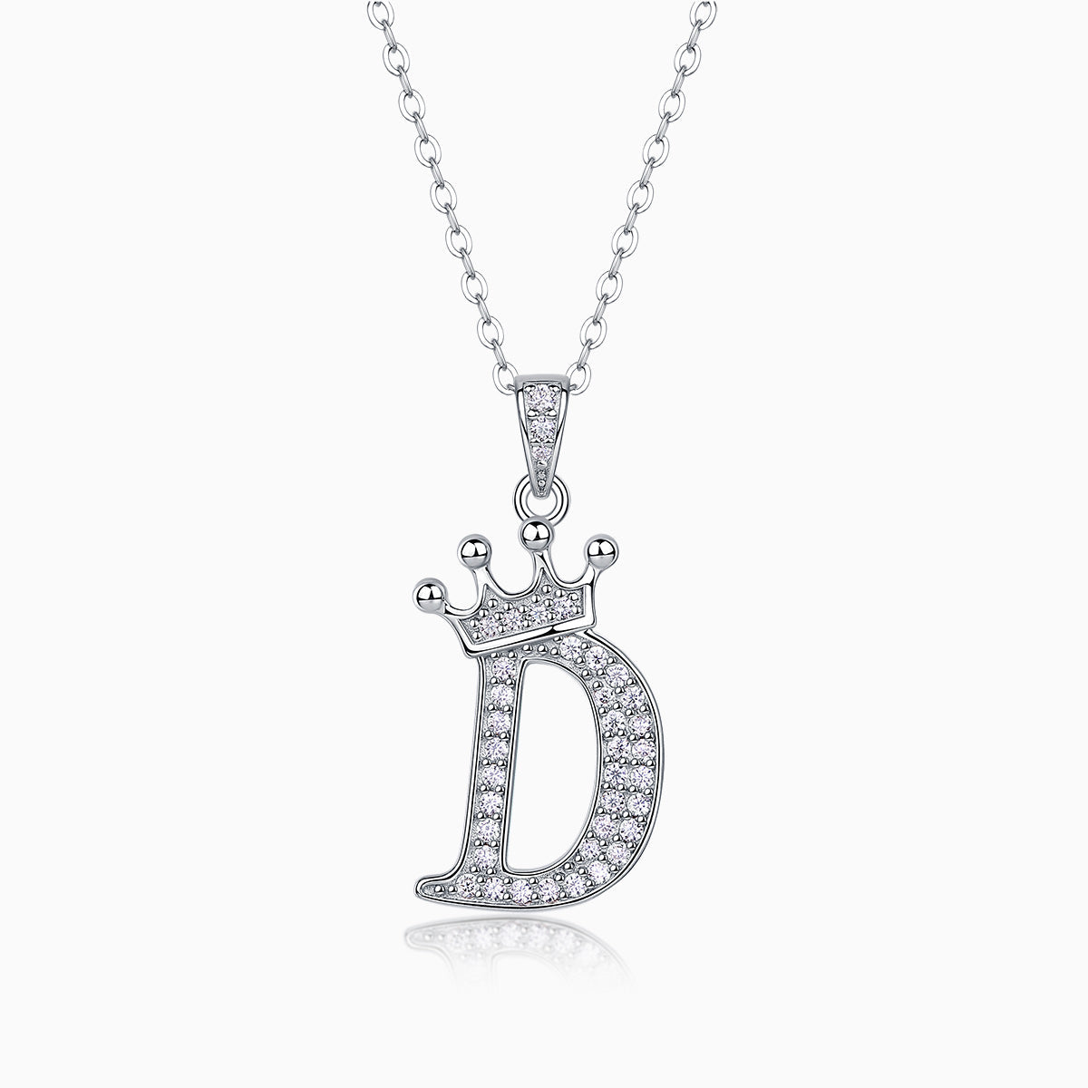 Initial pendant necklace with crown, letter D, moissanite stones, white gold vermeil