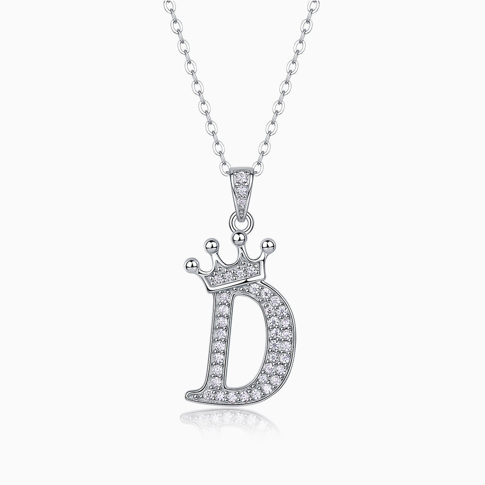 Initial pendant necklace with crown, letter D, moissanite stones, white gold vermeil