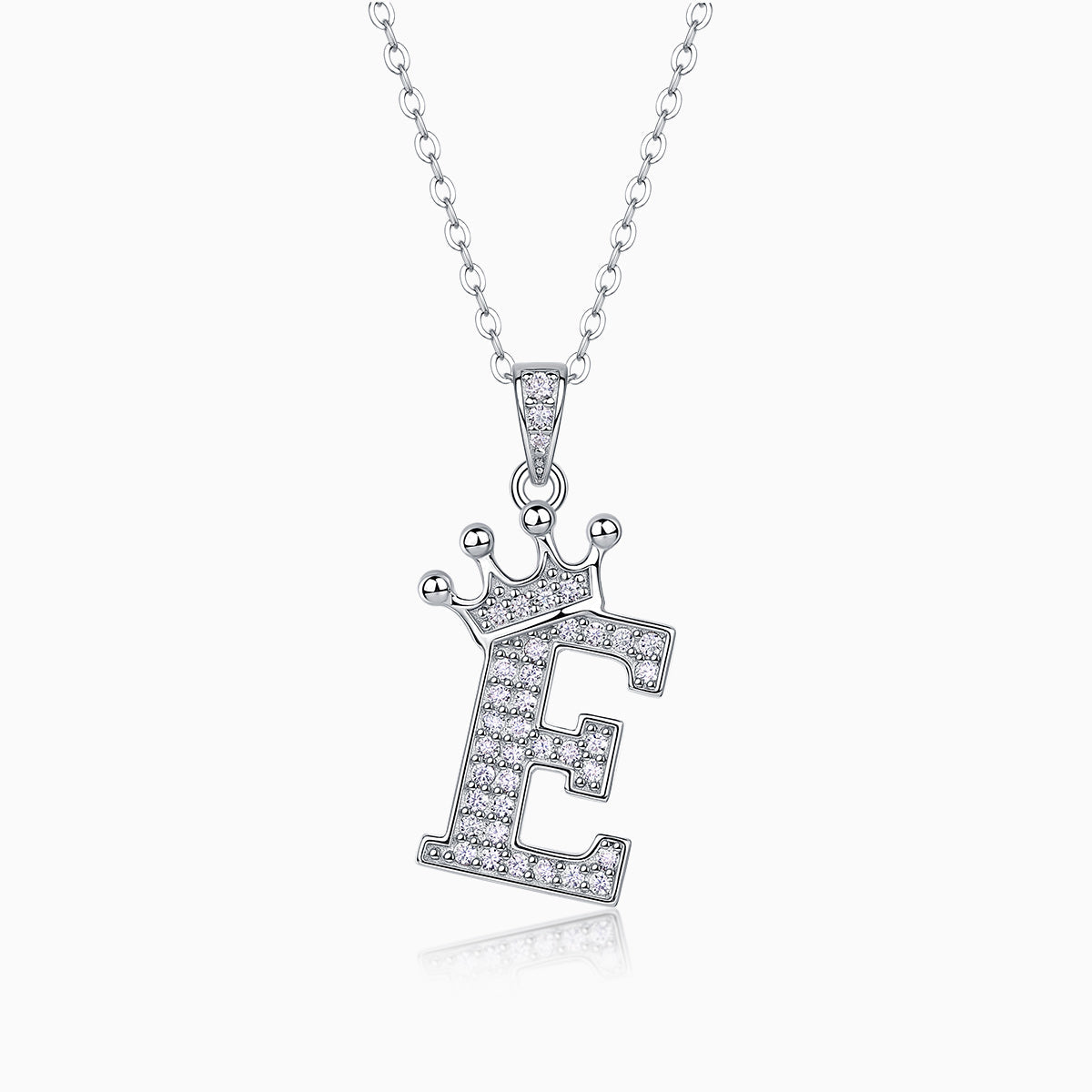 Initial pendant necklace with crown, letter E, moissanite stones, white gold vermeil