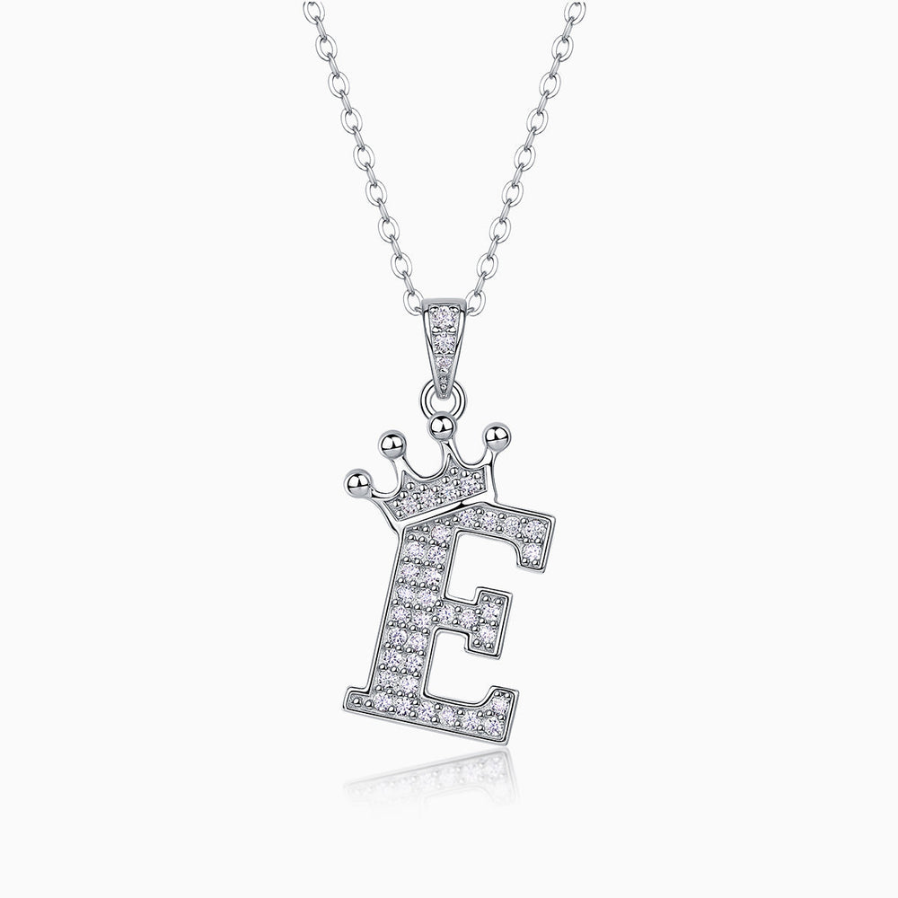 Initial pendant necklace with crown, letter E, moissanite stones, white gold vermeil