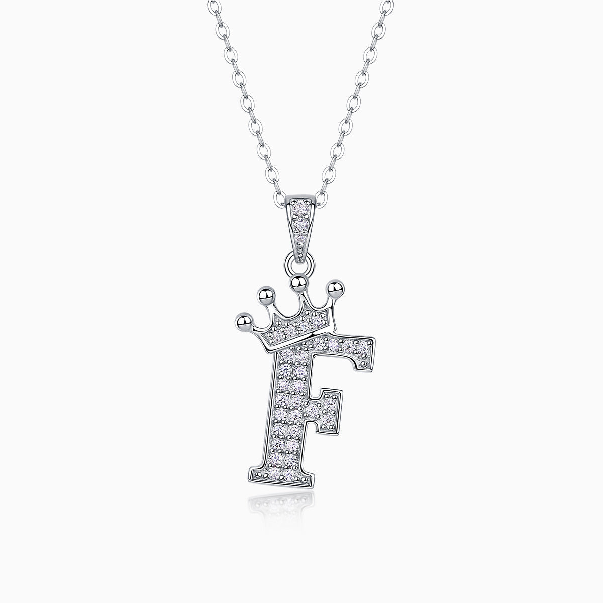 Crown Moissanite initial F pendant necklace in white gold vermeil, round bezel stones