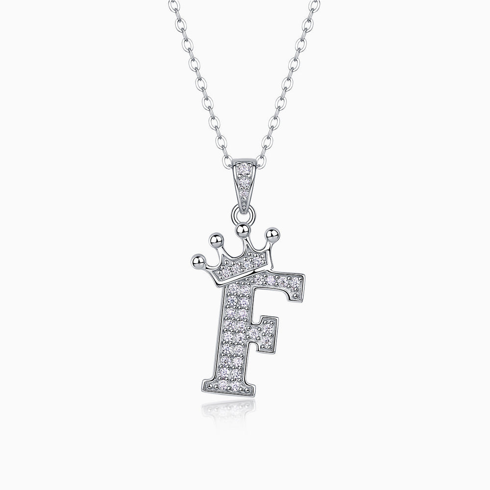 Crown Moissanite initial F pendant necklace in white gold vermeil, round bezel stones