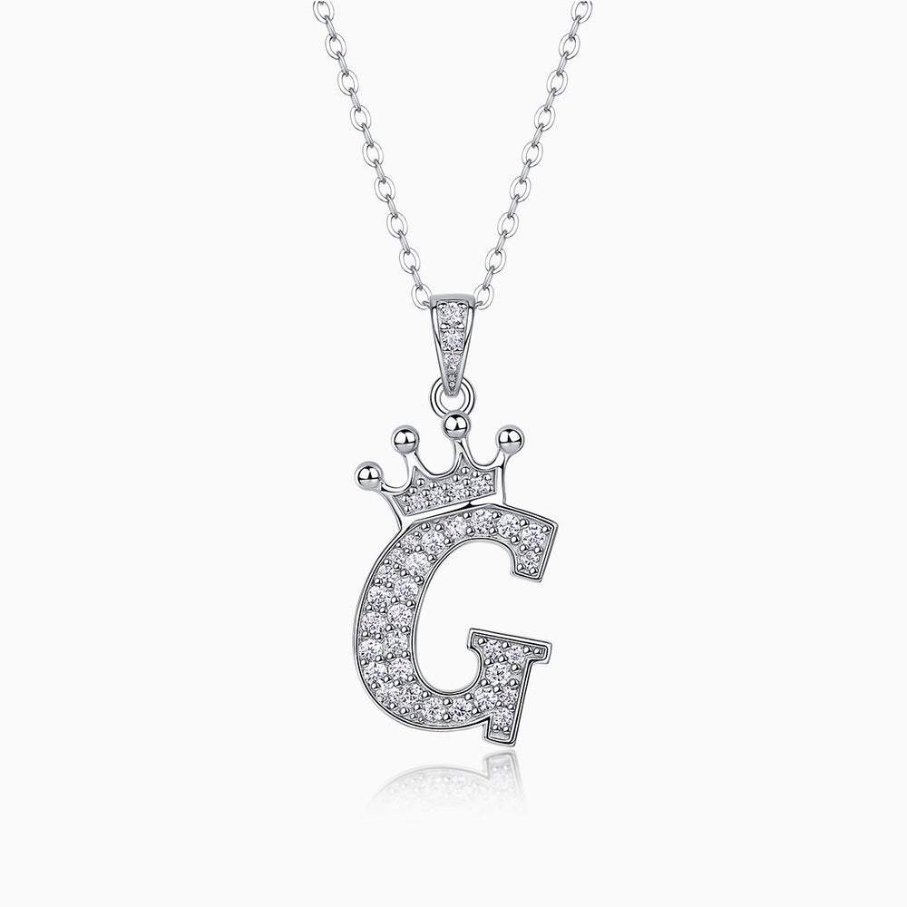 Crown Moissanite initial G pendant necklace in white gold vermeil, top crown detail