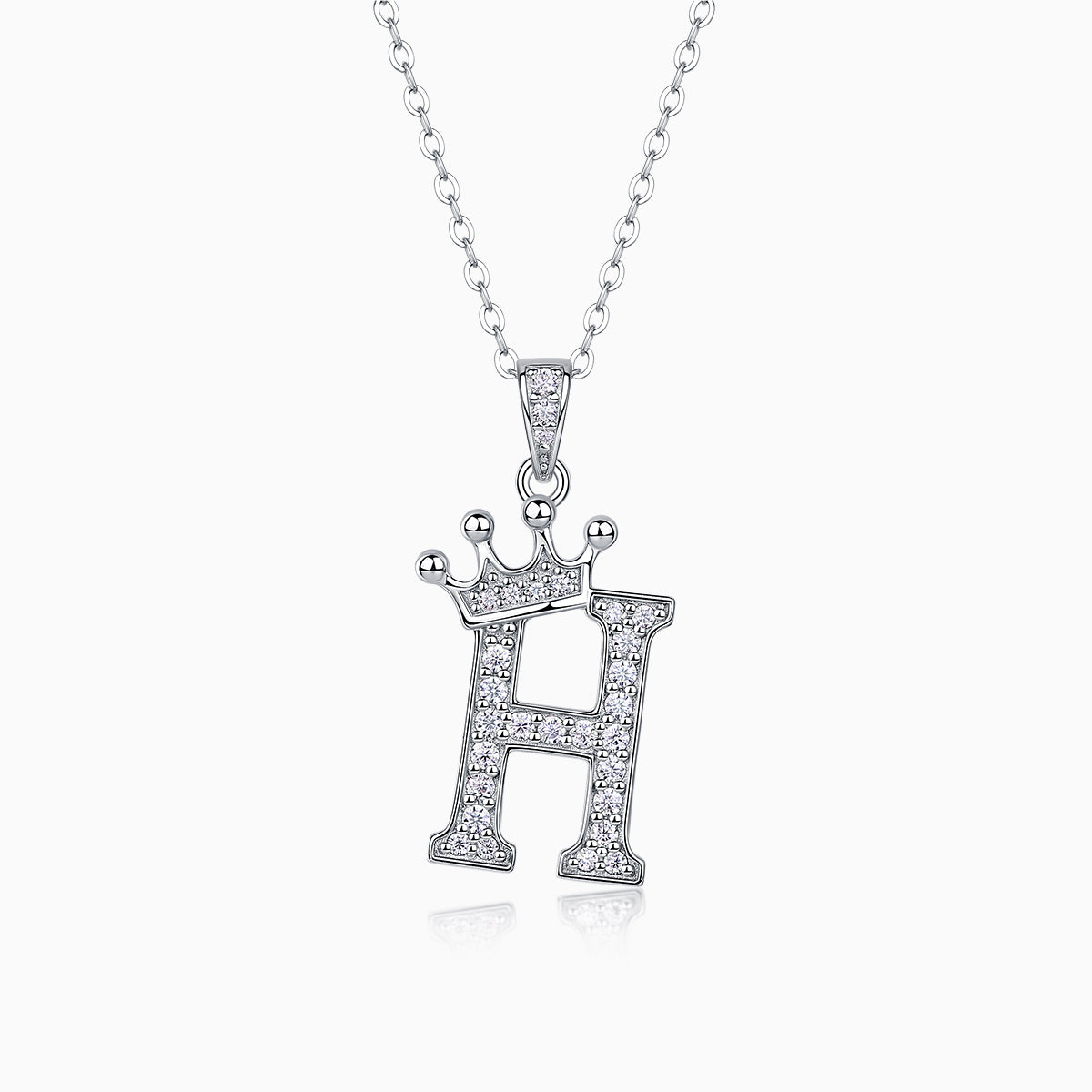 Crown Moissanite initial H pendant necklace in white gold vermeil, crown over letter