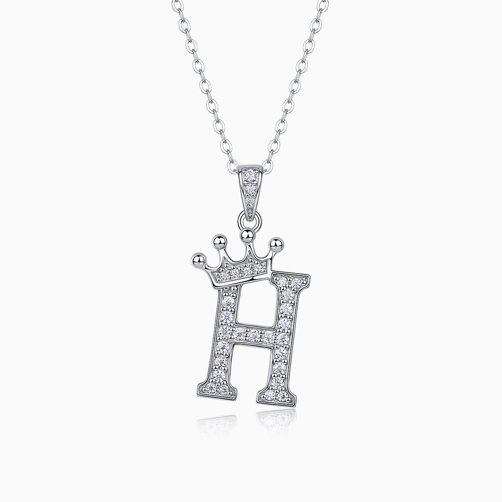 Crown Moissanite initial H pendant necklace in white gold vermeil, crown over letter