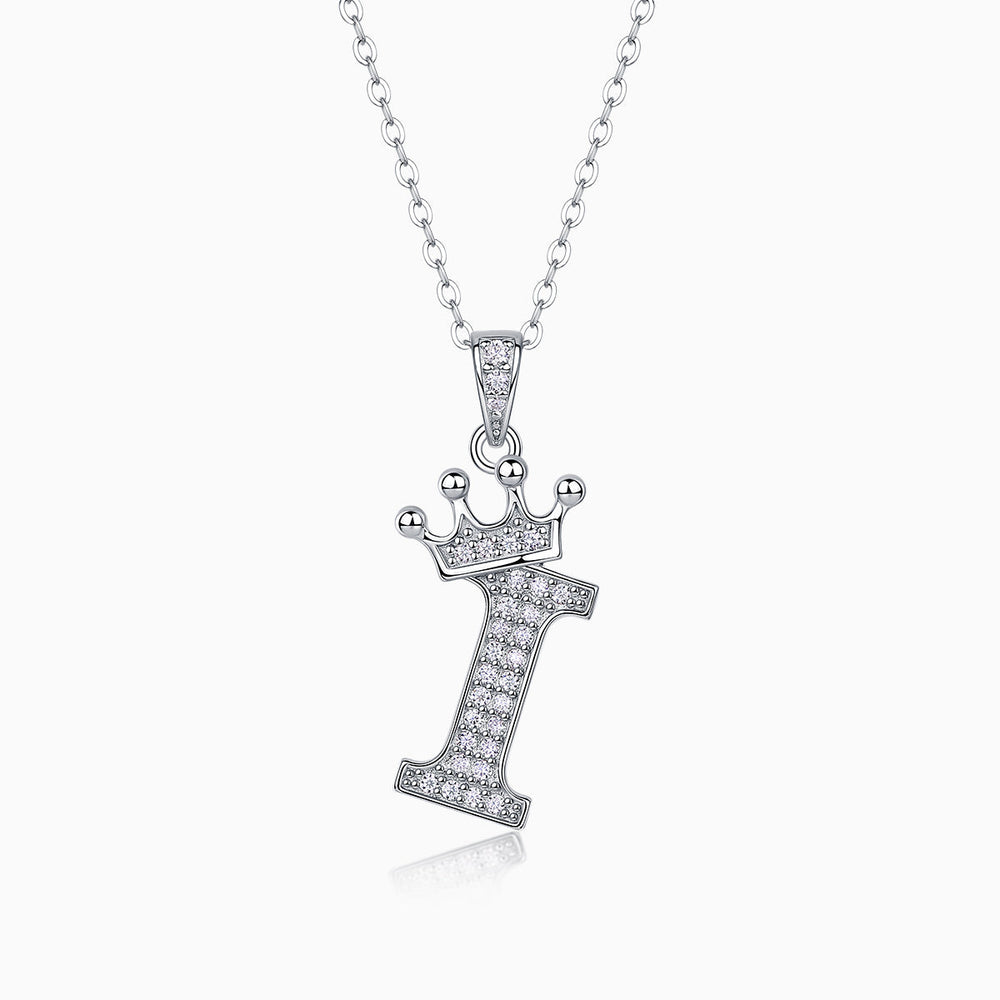 Crown Moissanite initial I pendant necklace in white gold vermeil, crown motif top
