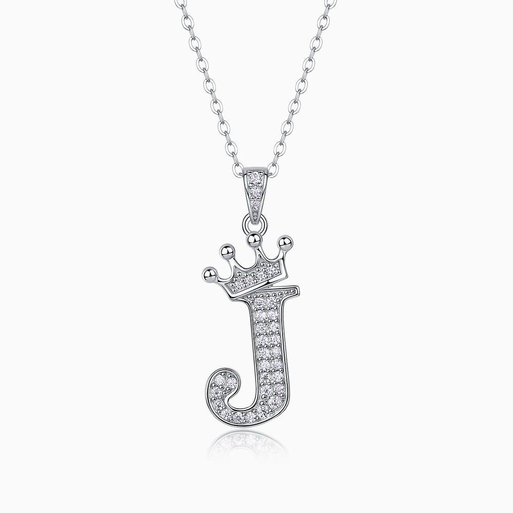 Crown Moissanite initial J pendant necklace in white gold vermeil, crown and pavé stones