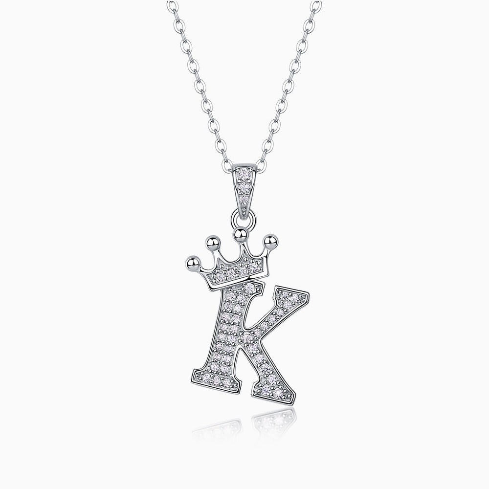 Crown letter K pendant necklace, pavé stones on white gold vermeil chain