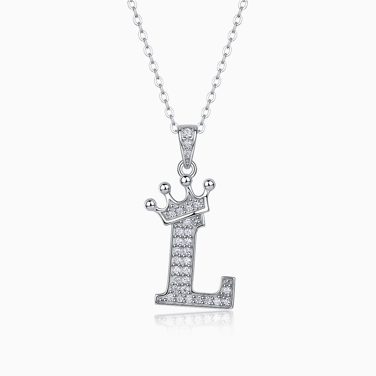 Crown letter L pendant necklace with pavé stones on white gold vermeil chain