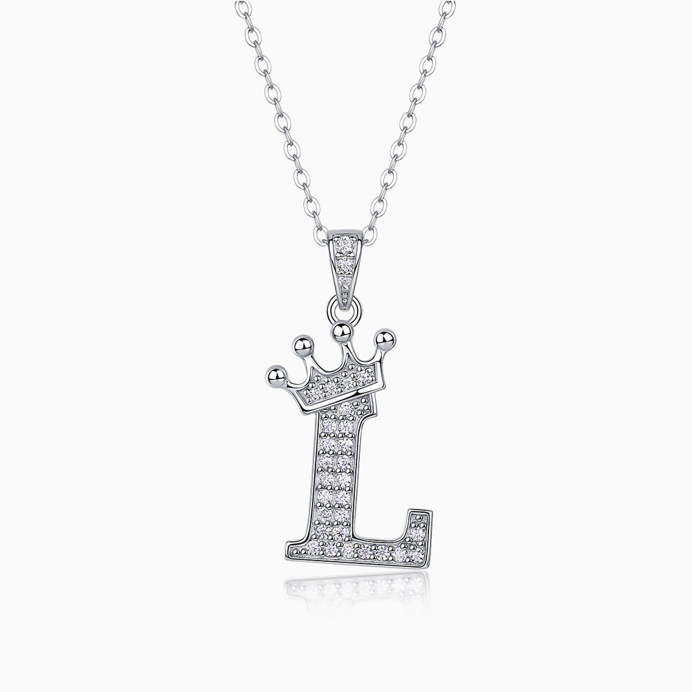 Crown letter L pendant necklace with pavé stones on white gold vermeil chain