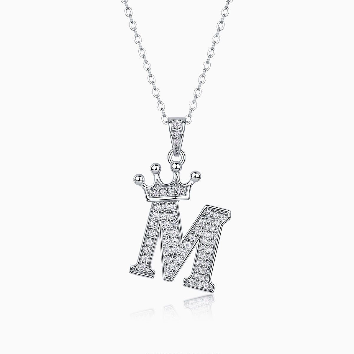 Crown letter M pendant necklace with pavé stones on white gold vermeil chain