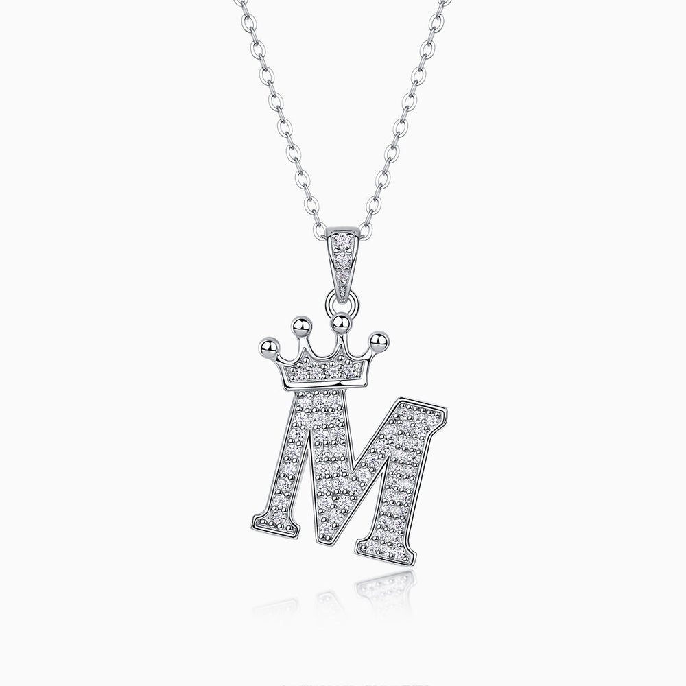 Crown letter M pendant necklace with pavé stones on white gold vermeil chain