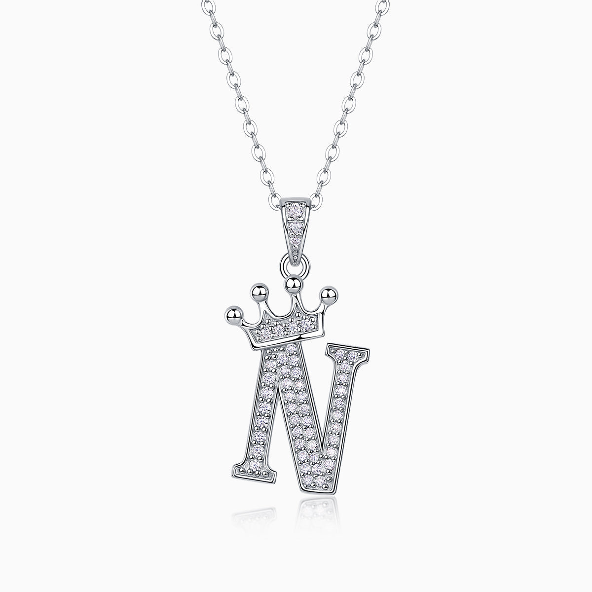 Crown letter N pendant necklace with pavé stones on white gold vermeil chain