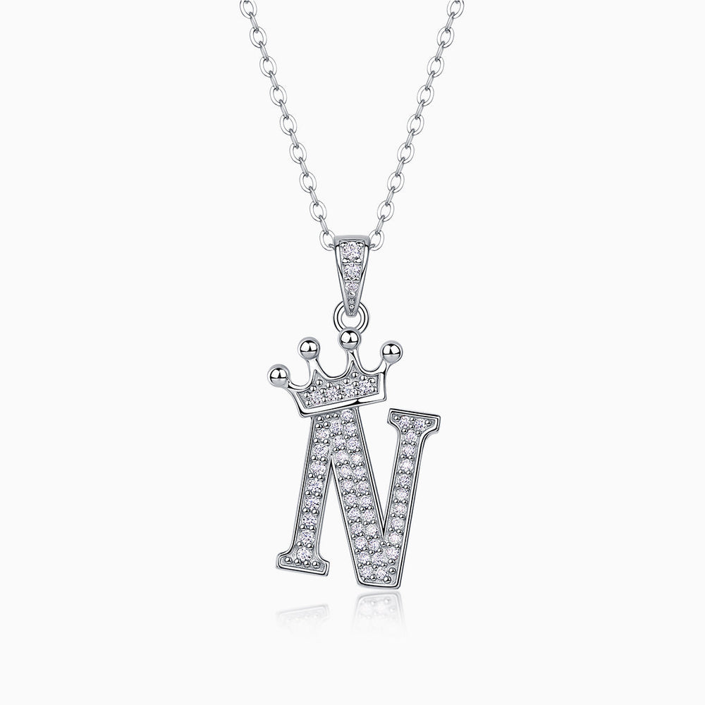 Crown letter N pendant necklace with pavé stones on white gold vermeil chain