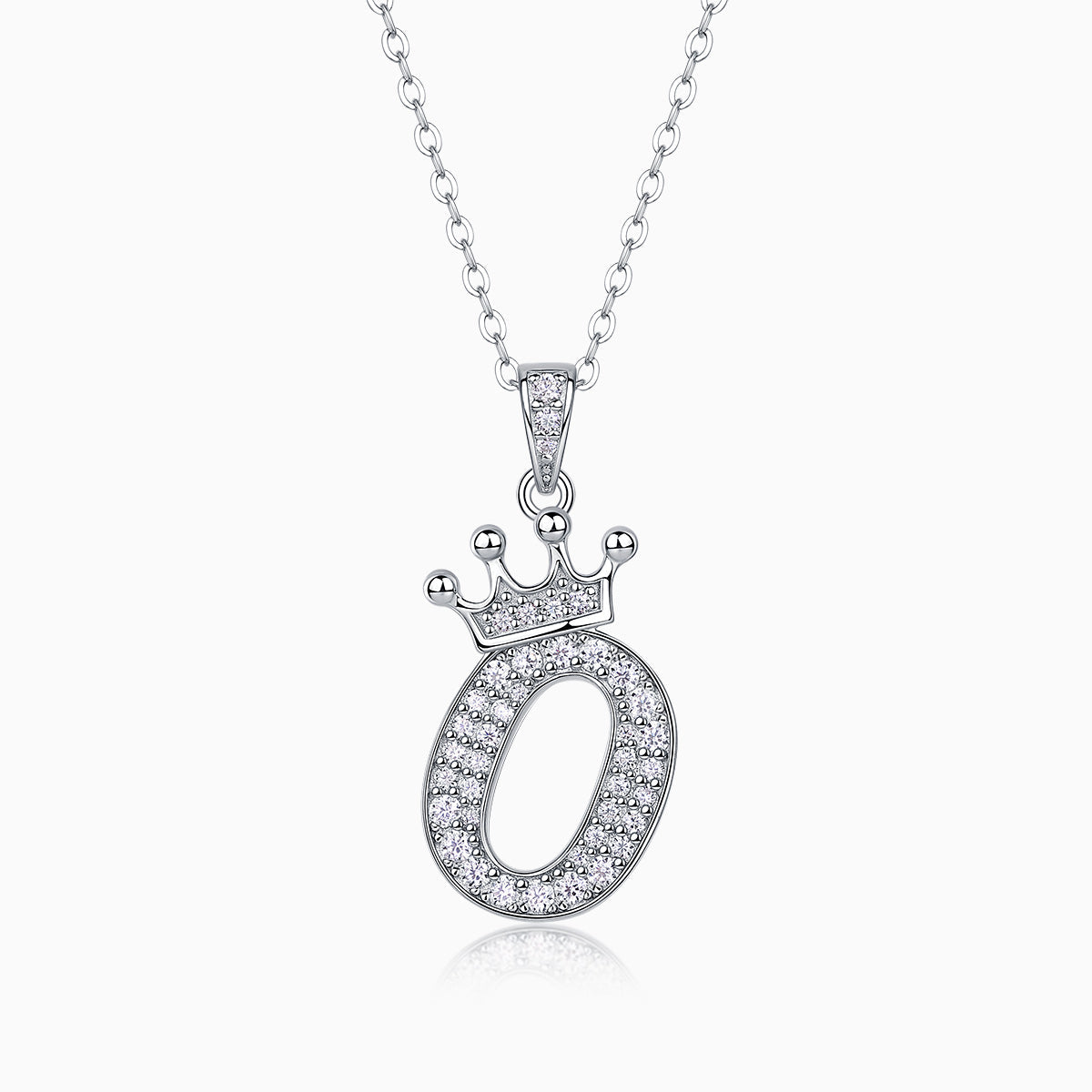 Crown letter O pendant necklace with pavé stones on white gold vermeil chain