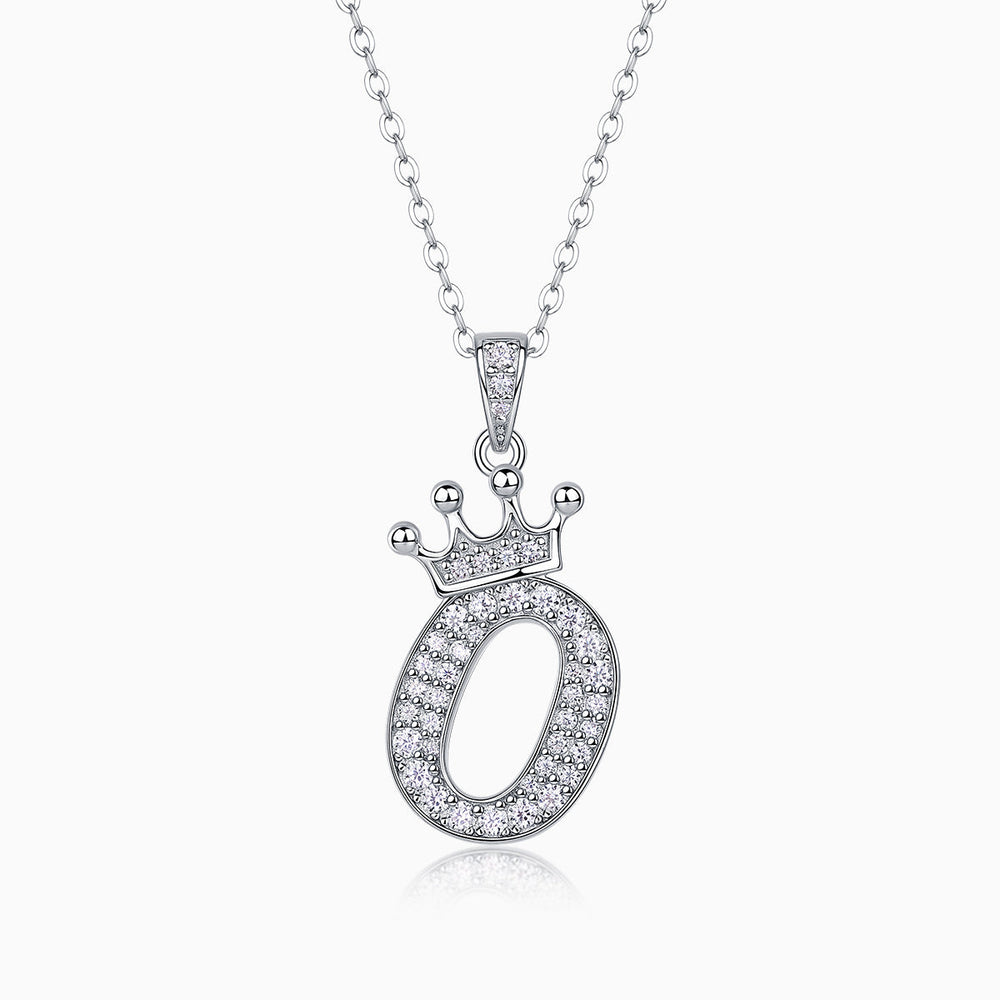 Crown letter O pendant necklace with pavé stones on white gold vermeil chain