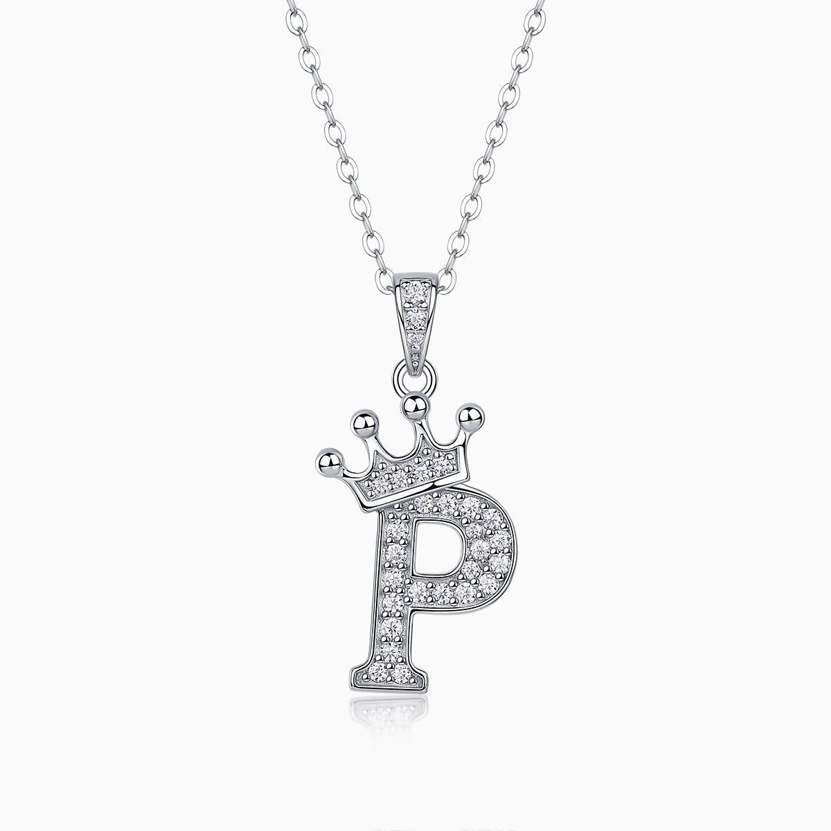 Pendentif lettre couronnée pavé en moissanite, chaîne à maillons ronds, coloris blanc