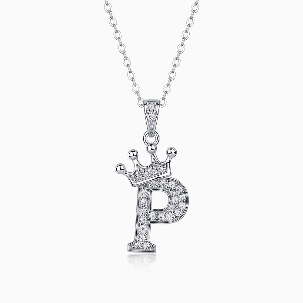 Pendentif lettre couronnée pavé en moissanite, chaîne à maillons ronds, coloris blanc