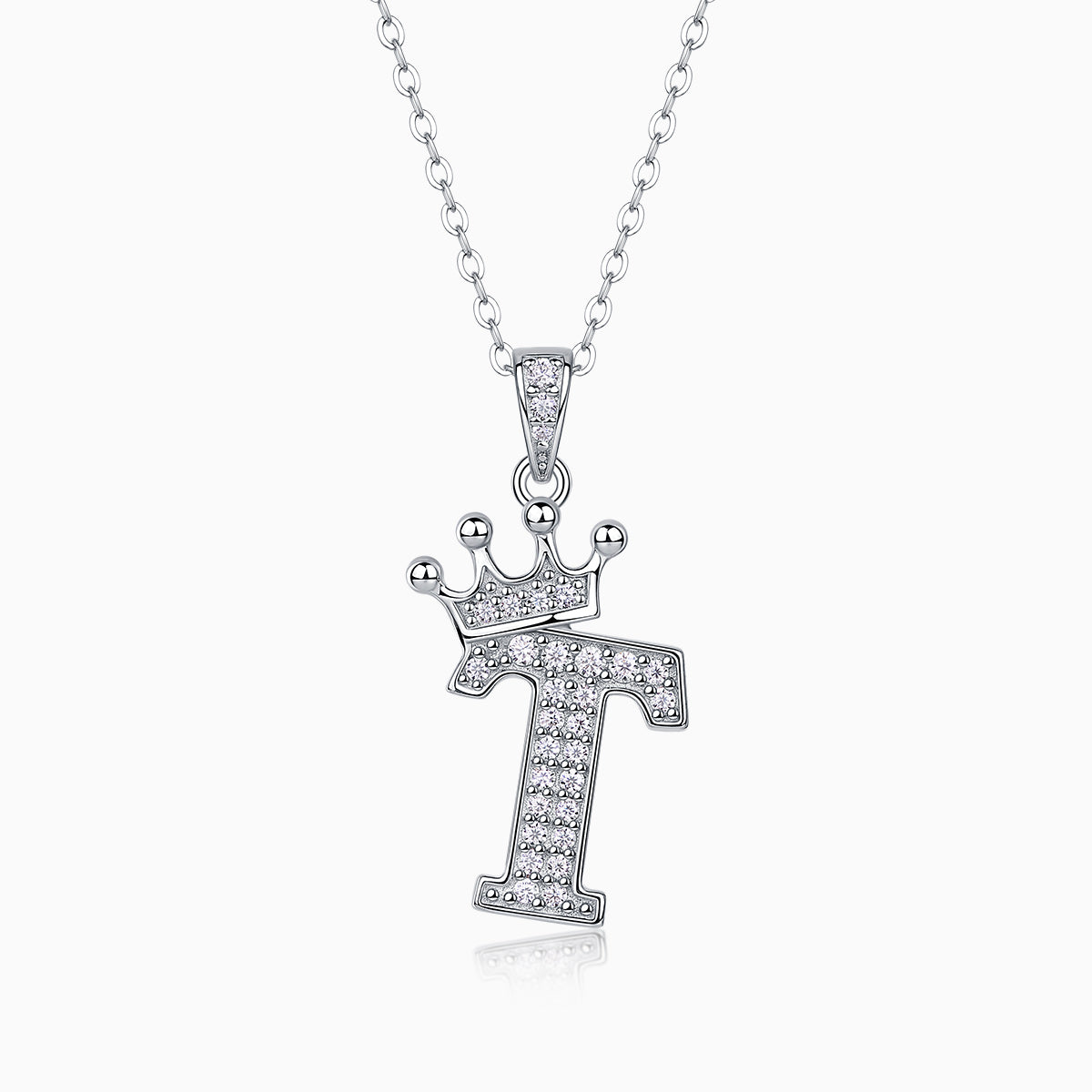 Pendentif lettre couronnée en pierres pavées, petit cœur de la couronne, chaîne