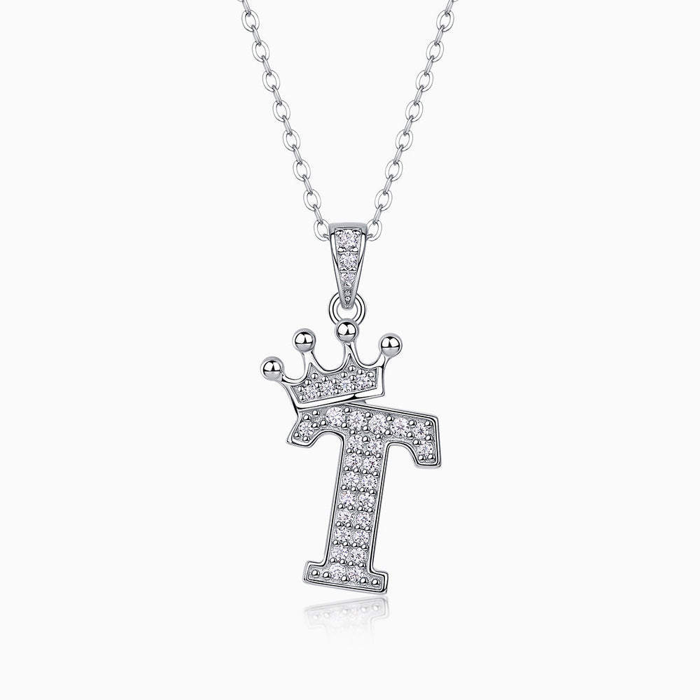 Pendentif lettre couronnée en pierres pavées, petit cœur de la couronne, chaîne
