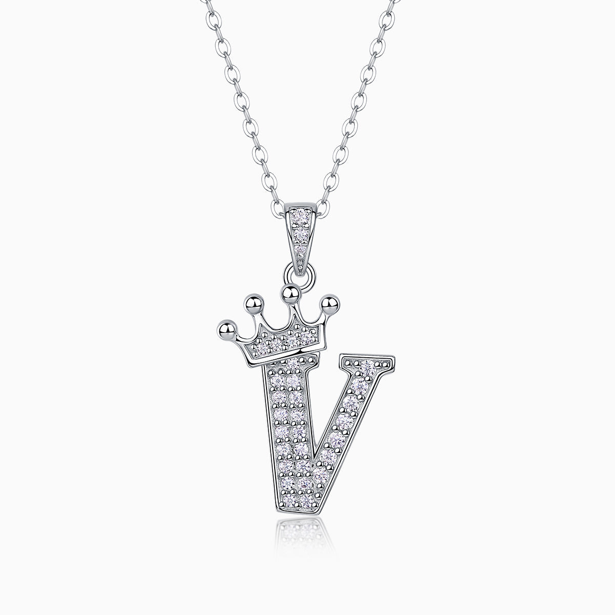 Crown moissanite initial pendant necklace, letter V with pavé sparkle and crown top