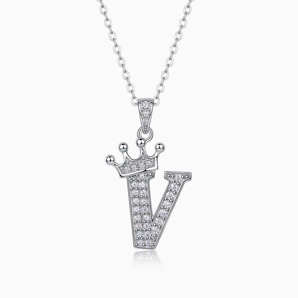 Crown moissanite initial pendant necklace, letter V with pavé sparkle and crown top