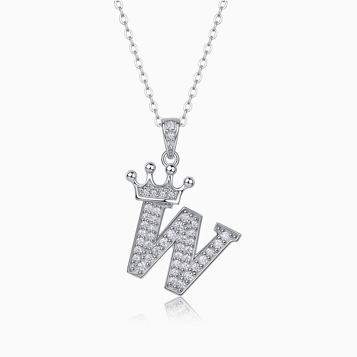 Crown moissanite initial pendant necklace, letter K with pavé stones and crown detail