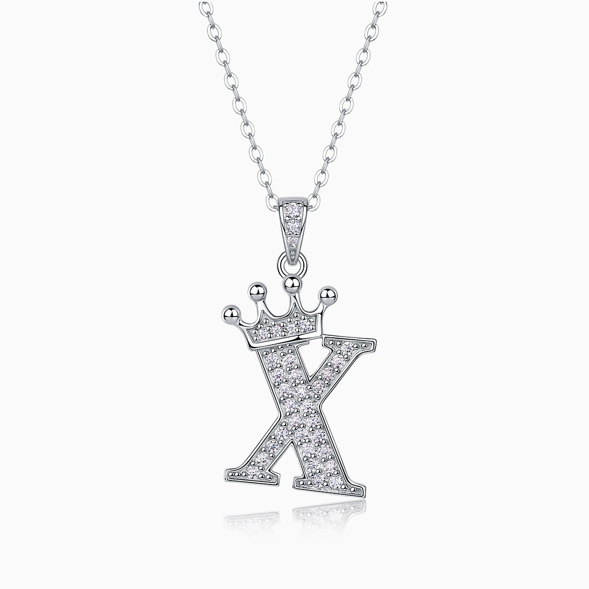 Crown moissanite initial pendant necklace, letter X with pavé stones and crown