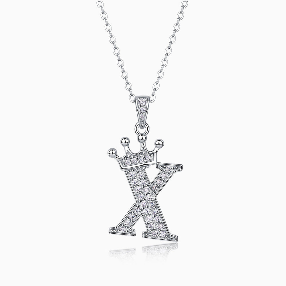 Crown moissanite initial pendant necklace, letter X with pavé stones and crown