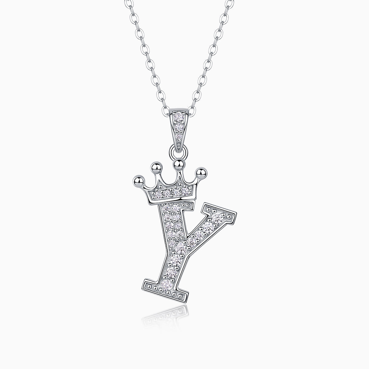 Crown moissanite initial pendant necklace, letter Y with pavé stones and crown