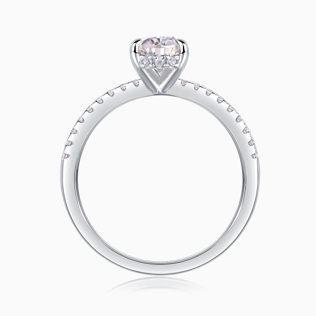 White metal pavé band engagement ring with prong-set pear center