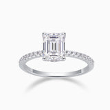 Emerald-cut moissanite engagement ring with pavé band, white gold vermeil setting