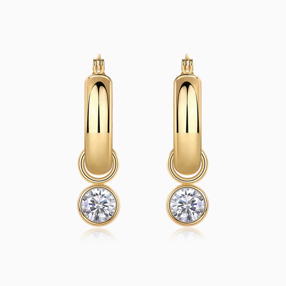 Yellow gold vermeil hoop earrings with round moissanite bezel drops