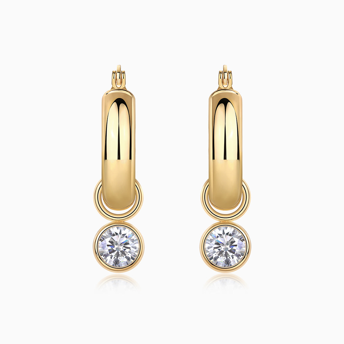 Yellow gold vermeil hoop earrings with round moissanite bezel drops