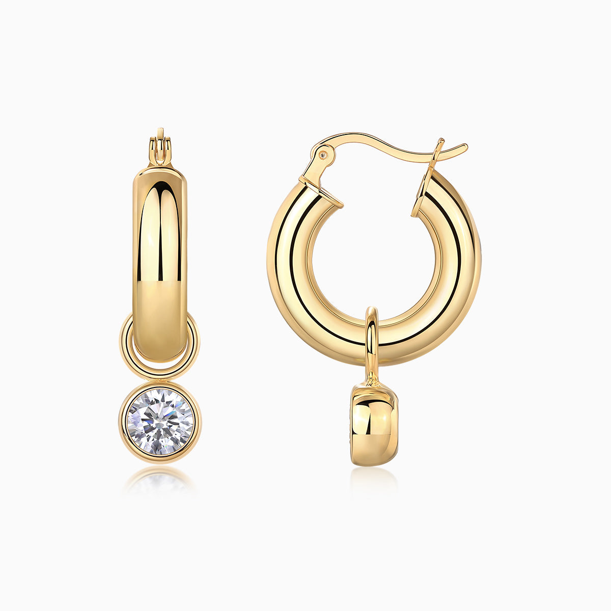 Chunky hoop bezel drop earrings, yellow gold vermeil with round moissanite
