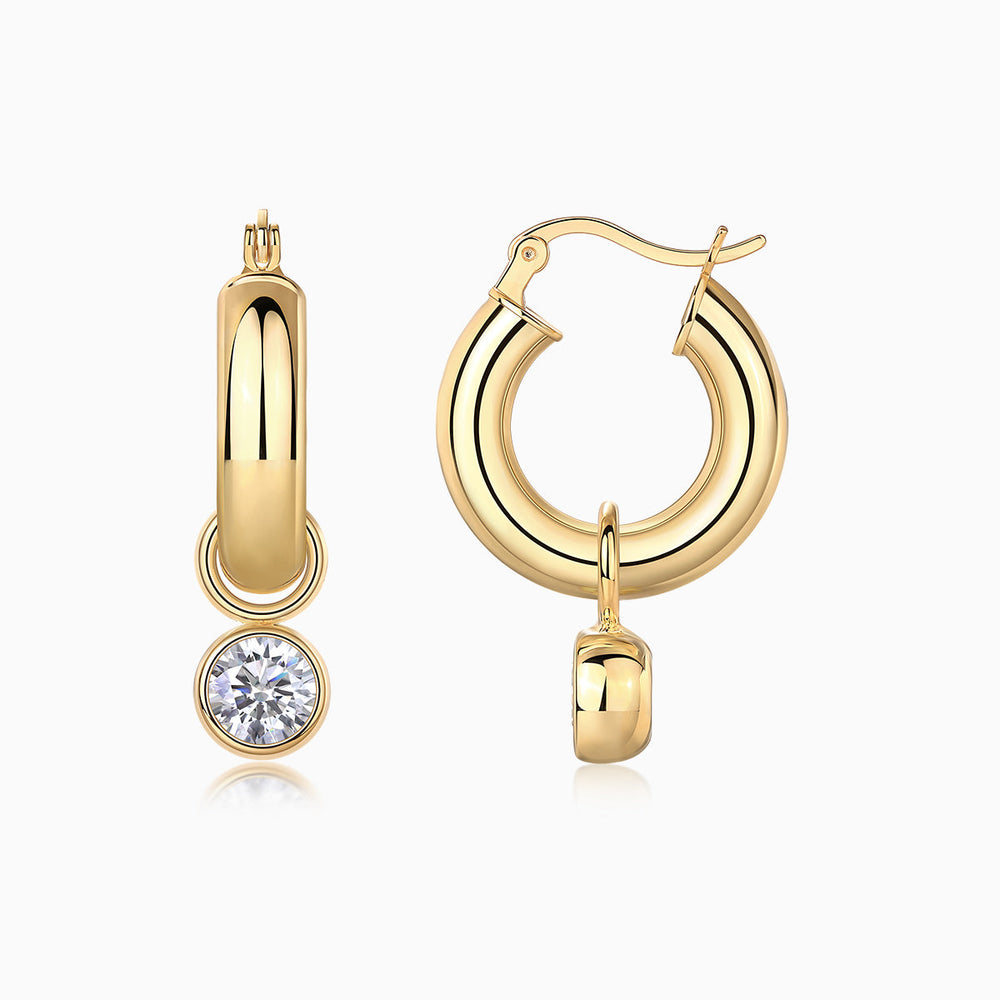 Chunky hoop bezel drop earrings, yellow gold vermeil with round moissanite