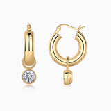 Chunky hoop bezel drop earrings, yellow gold vermeil with round moissanite