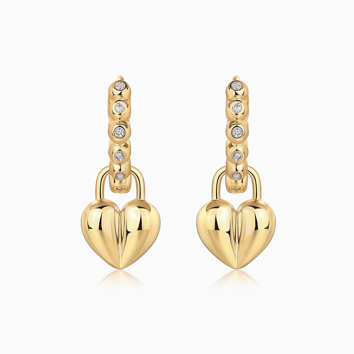 Yellow gold vermeil heart charm drop on beaded huggie hoop with clear stones