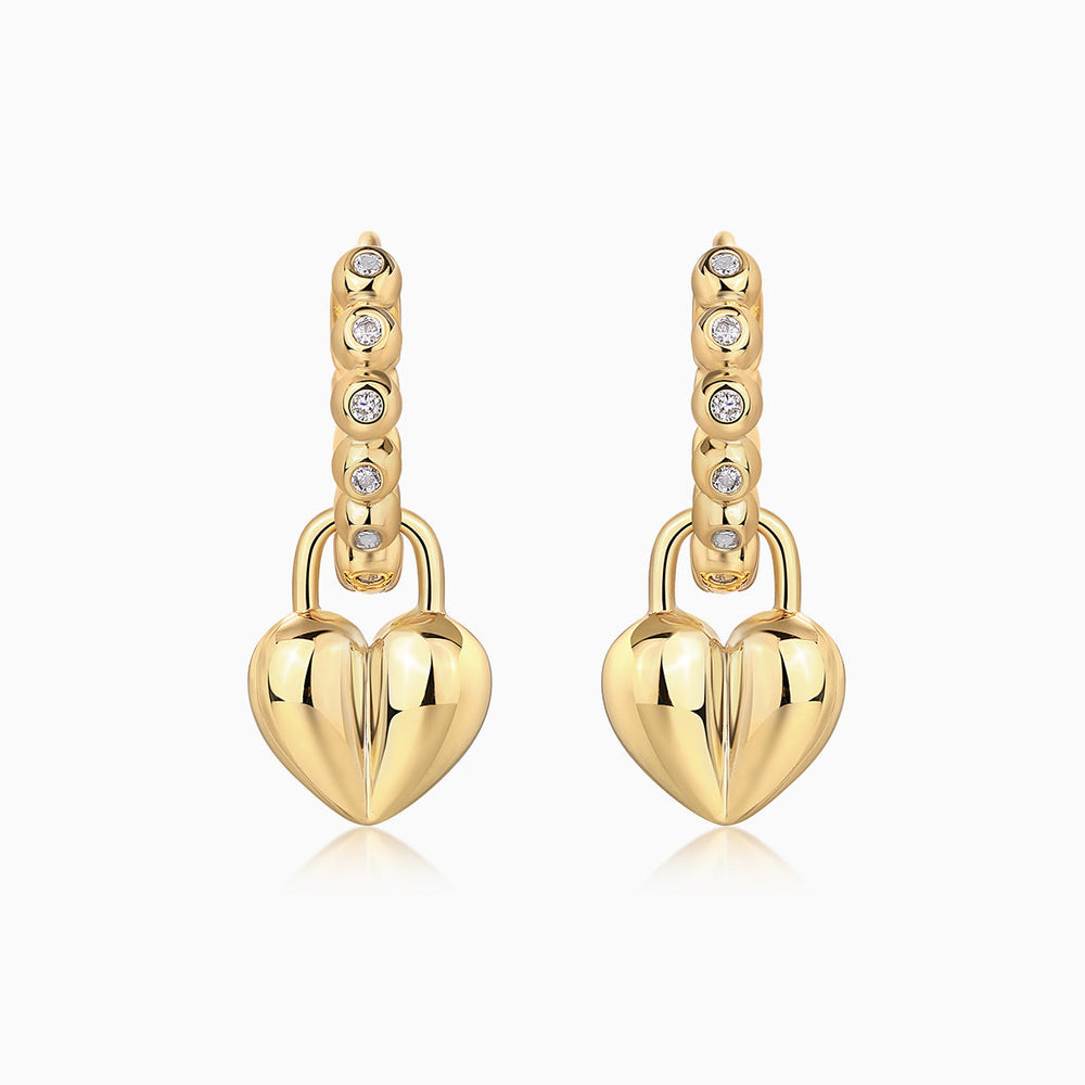 Yellow gold vermeil heart charm drop on beaded huggie hoop with clear stones