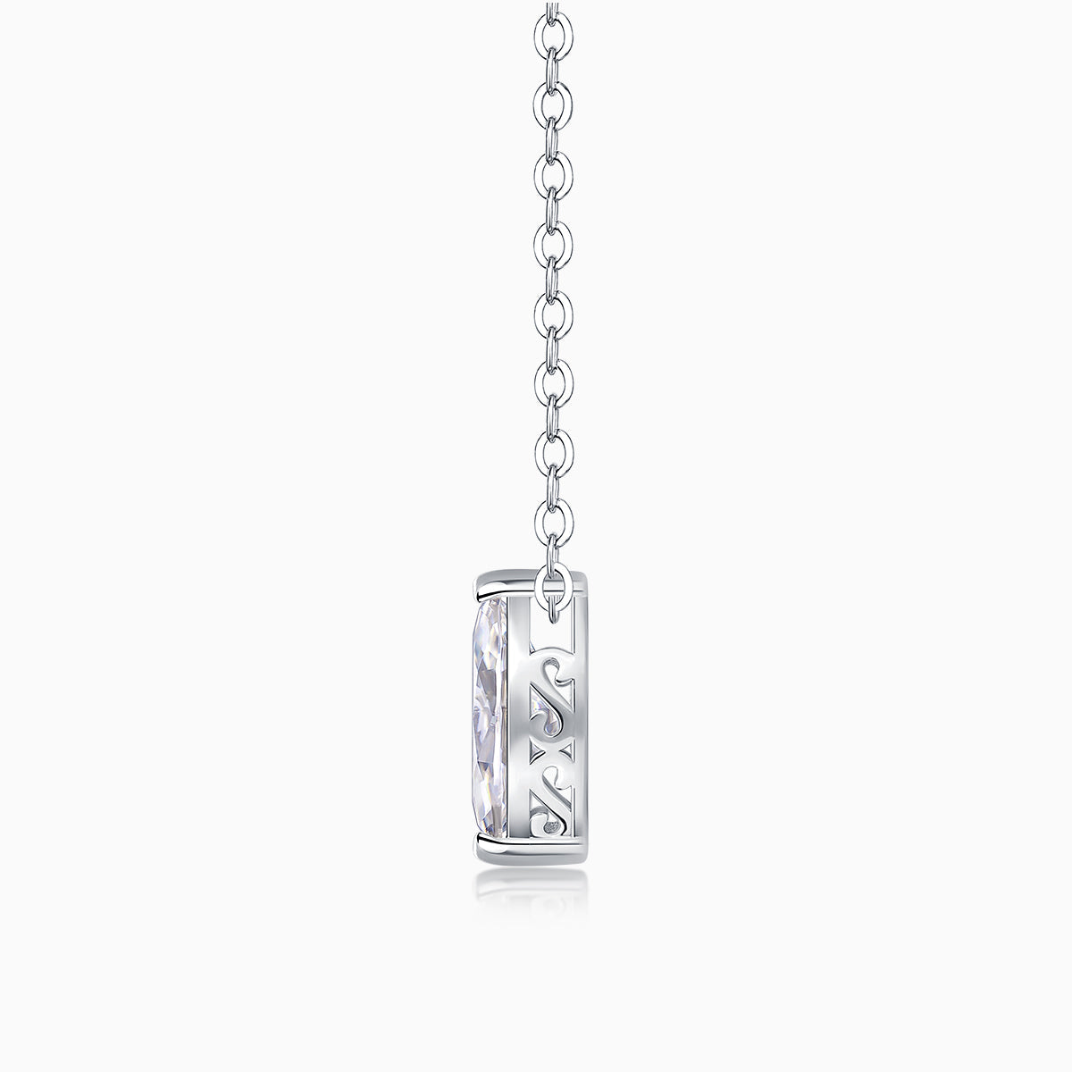 Marquise solitaire moissanite pendant charm on white gold vermeil chain, side view