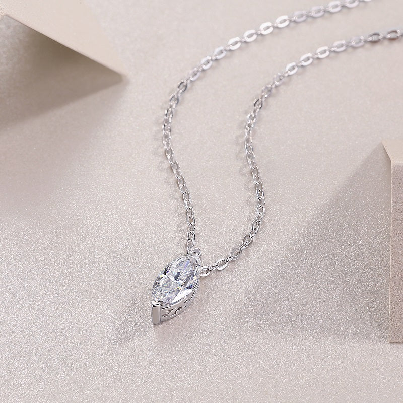 Marquise moissanite pendant necklace with split prong setting and white gold vermeil links