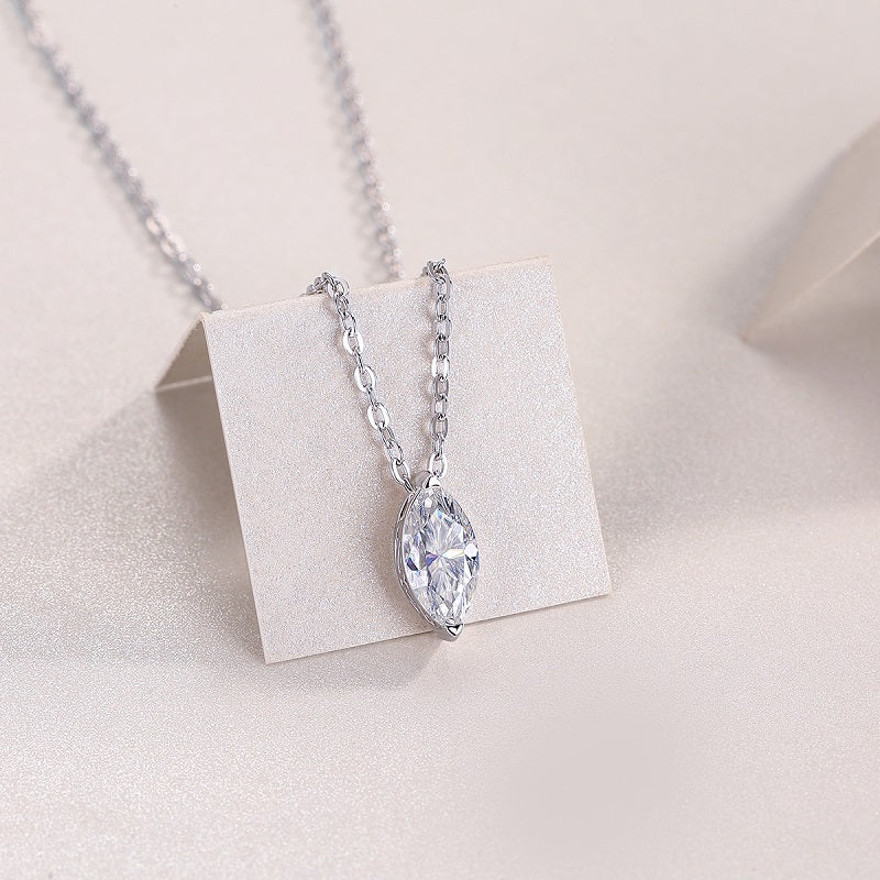 Marquise solitaire moissanite pendant necklace, pear-shaped stone on white gold vermeil chain