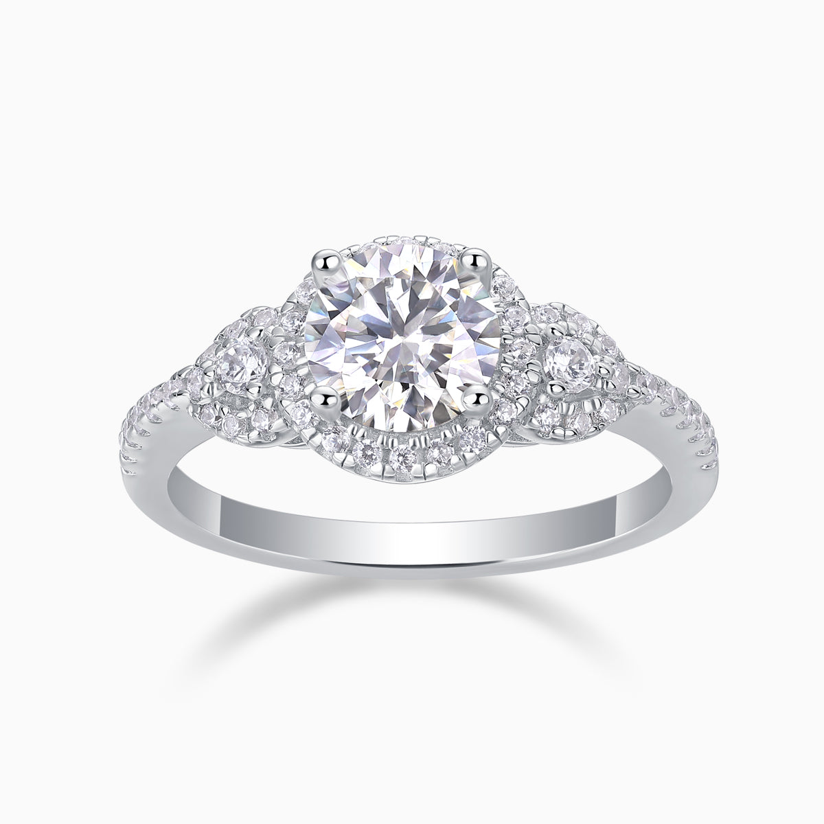 Round halo moissanite ring with pear side stones, white gold vermeil
