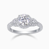 Round halo moissanite ring with pear side stones, white gold vermeil